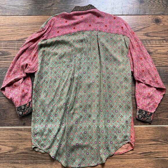 We Be Bop Rayon Button Down Blouse Boho Patchwork Print Long Sleeve Shirt - Picture 2 of 9